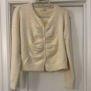 Mystree Ivory Fuzzy Eyelash Cardigan Sweater